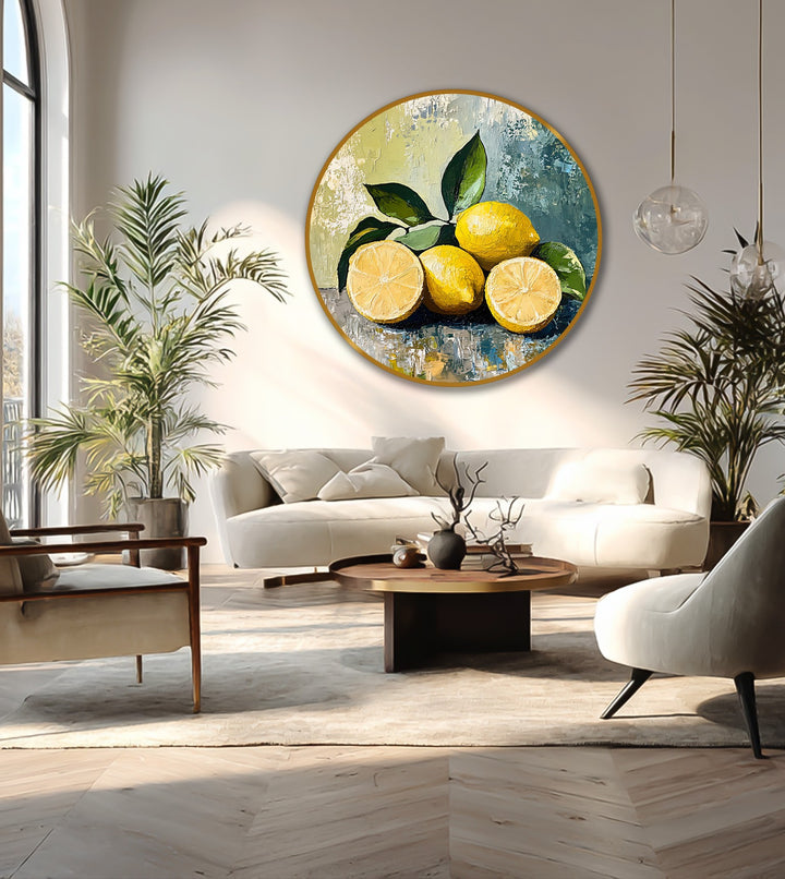 Warm, bright light enhances the golden hues of the lemons in this round modern oil painting art, creating a summery, inviting feel.
