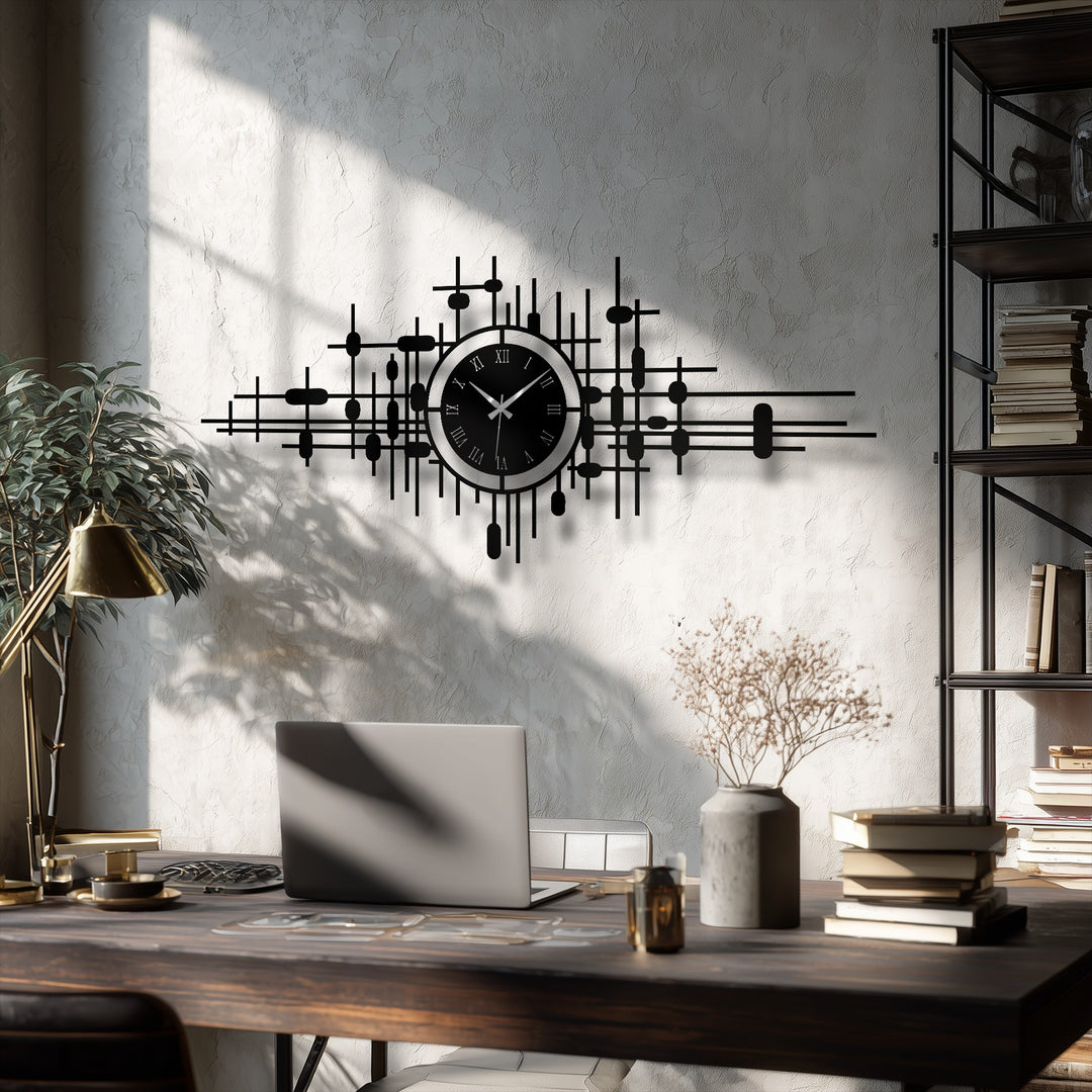 At the focal point is a modern decorative metal art clock with an abstract grid and Roman numerals, adding a unique touch to the room.