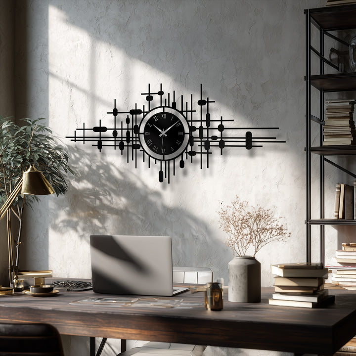 At the focal point is a modern decorative metal art clock with an abstract grid and Roman numerals, adding a unique touch to the room.