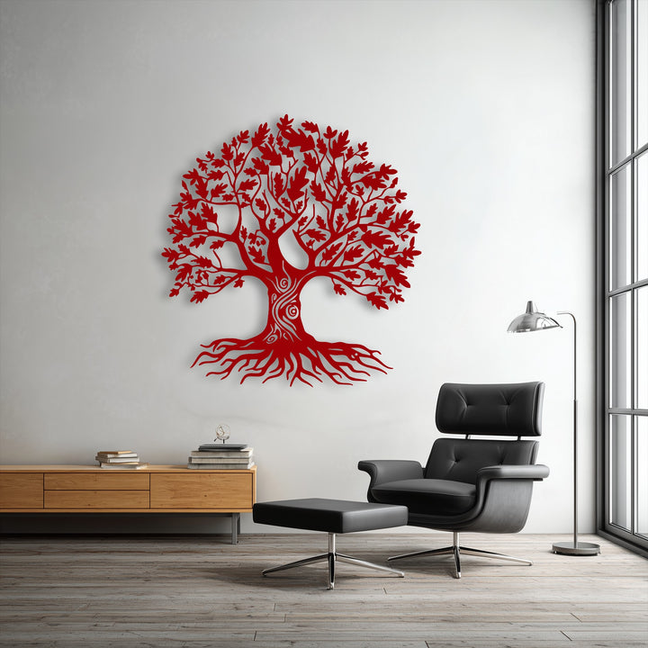 The impactful layering effect gives this vibrant red Tree of Life unique metal wall art a striking three-dimensional presence on the wall.
