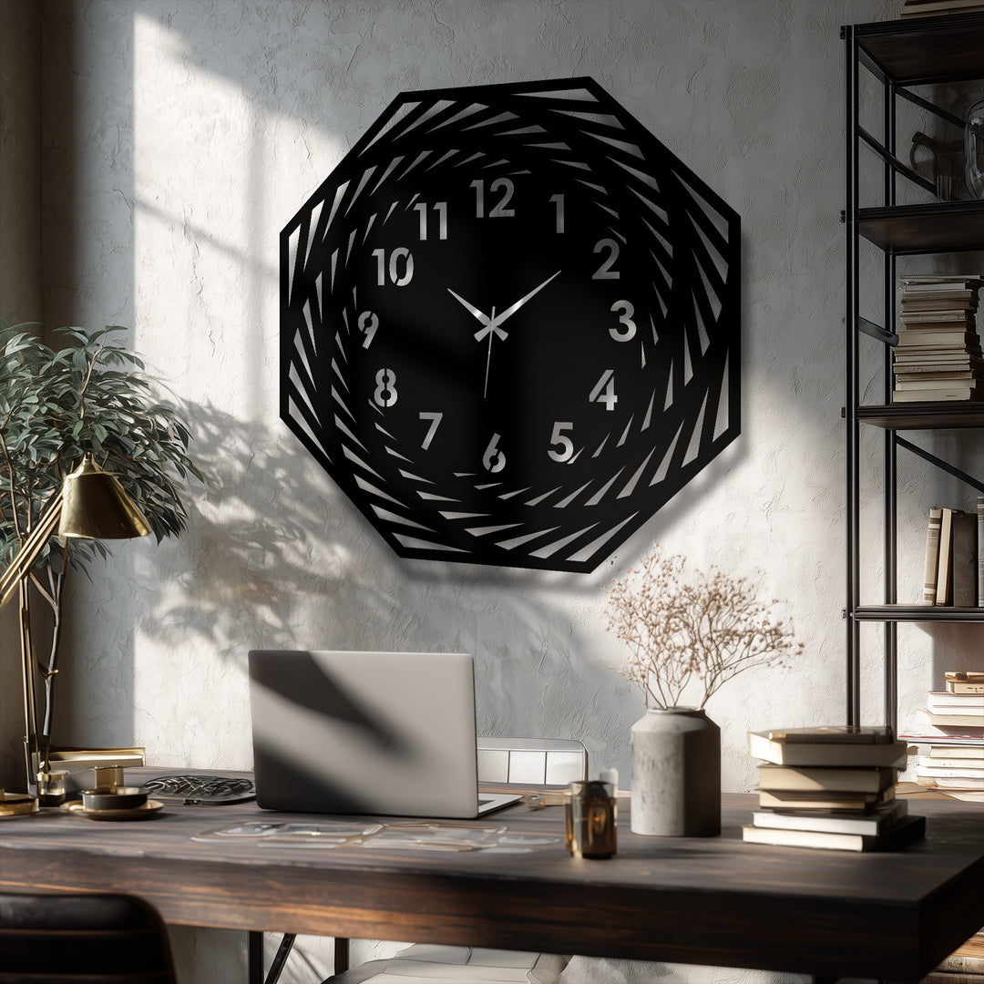 Bold color contrast highlights the modern spiral geometric metal clock against the textured wall as a striking example of decoration wall art.