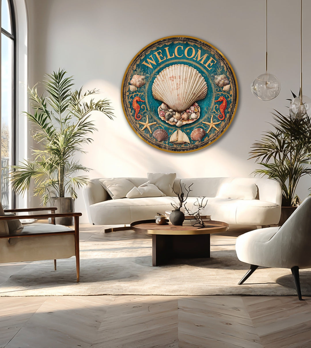 Geometric coastal welcome shell round oil painting artwork features a circular design with radiating seashell and starfish elements set against a textured backdrop.
