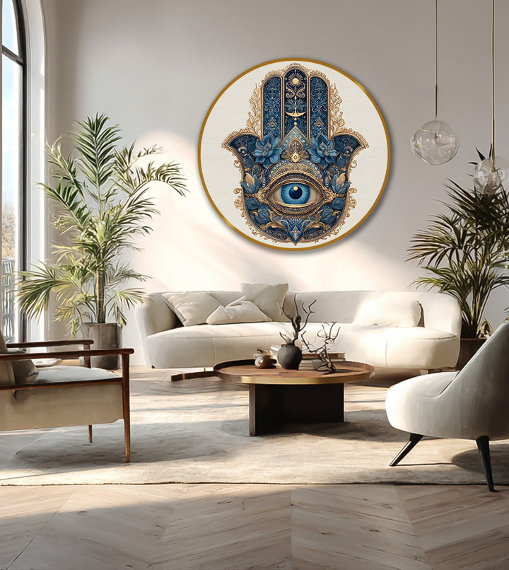 Negative space accentuates the ornate details of the royal hamsa vision in this round oil painting, a striking piece of modern oil painting art.