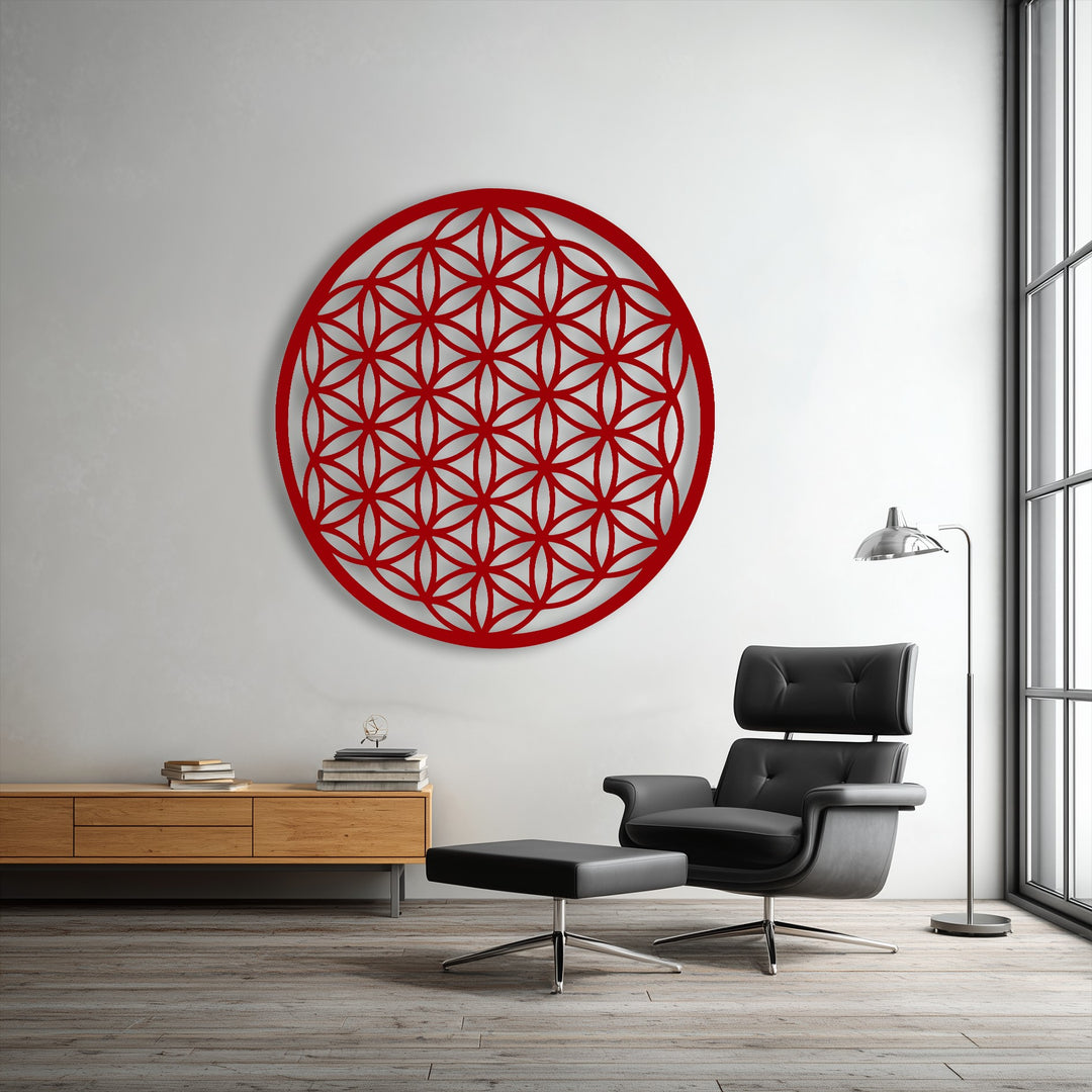 The abstract quality of the red Flower of Life metal wall art, a sacred geometry circle design, makes for stunning decoration wall art.