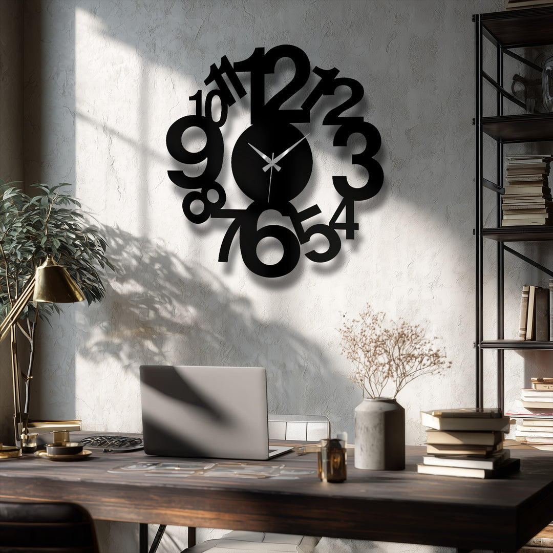 Darkest area highlights the sleek black silhouette of the abstract number spiral metal wall clock, a stunning piece of metal wall decor with a modern numeric design.