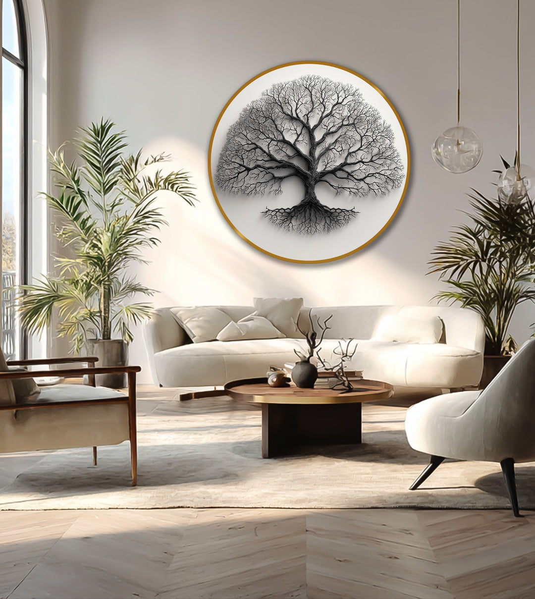 Silueta de árbol monocromática minimalista redonda Cuadro al óleo