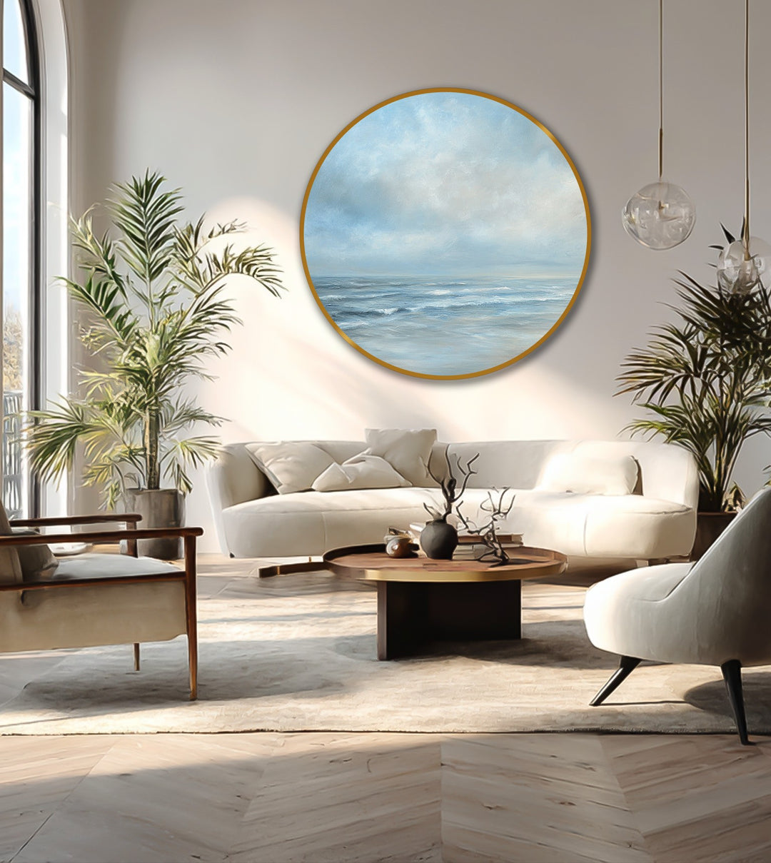 Subtle color gradations blend sky to sea in this serene seascape round oil painting, showcasing modern oil painting art with a whispering tides theme.