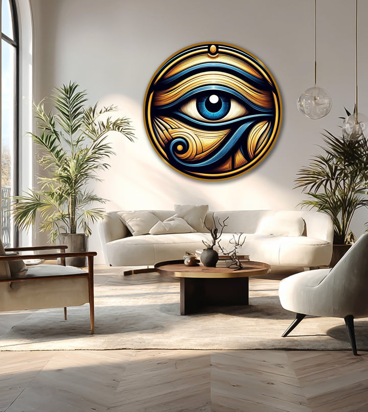 Rhythmic swirls of gold and blue in this Eye of Horus oil painting decoration create a captivating sense of movement.
