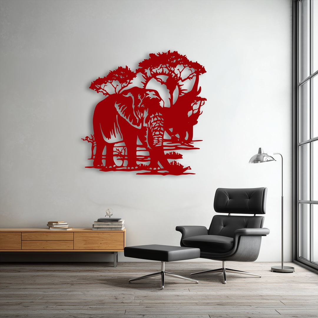 The darkest area, a sleek black leather armchair, provides a modern seating option with the safari elephant landscape metal art for wall.