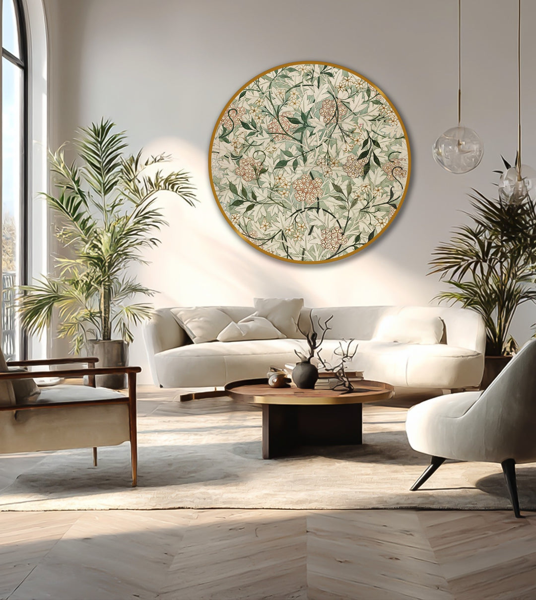 Vintage garden elegance botanical pattern round oil painting art prints, the loudest element in this sophisticated interior space, adds a splash of classic charm.