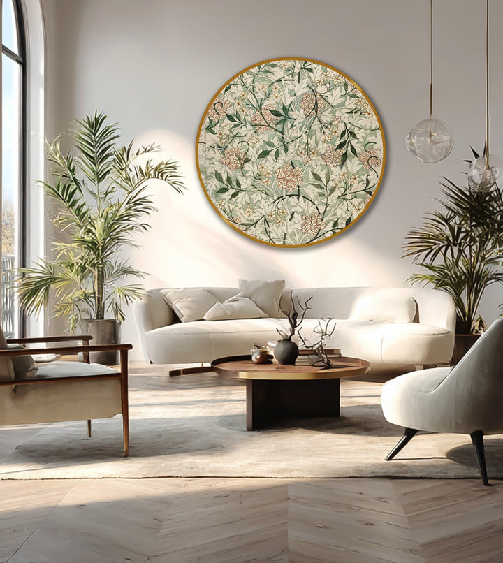 Vintage garden elegance botanical pattern round oil painting art prints, the loudest element in this sophisticated interior space, adds a splash of classic charm.