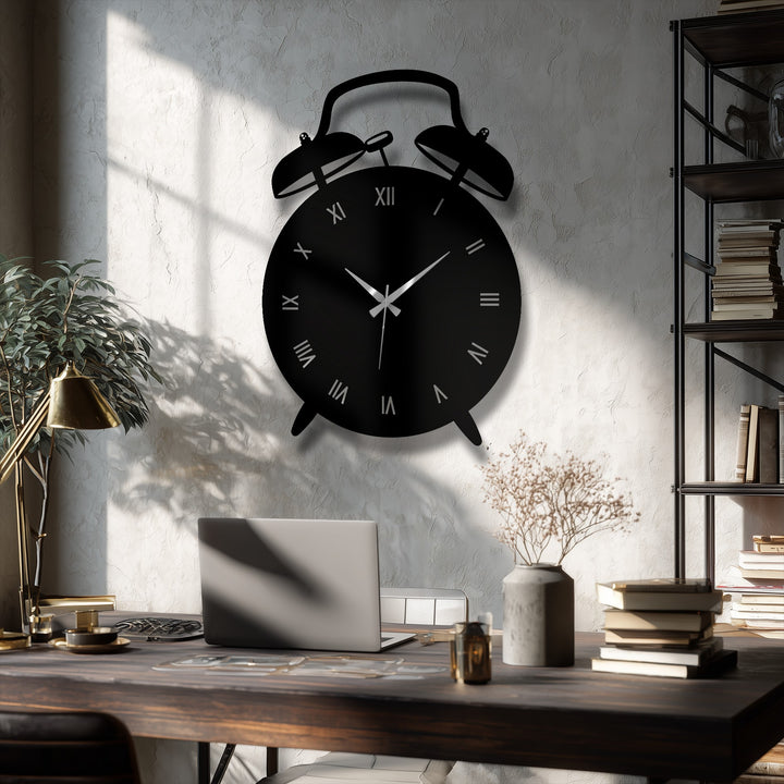 Seen as the central subject, this decorative metal art clock displays its silhouette and time against the texture of the wall.