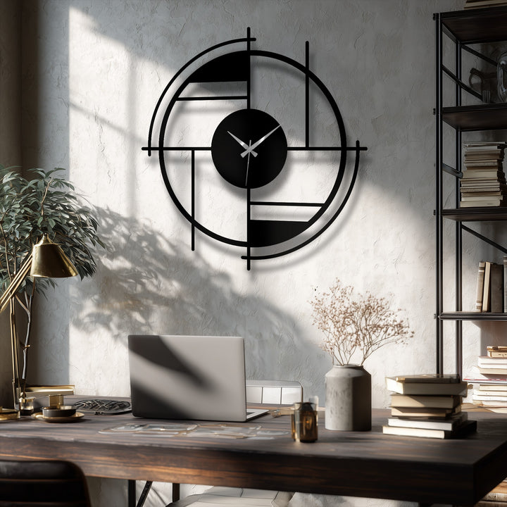 Showcasing the fine material and construction of this geometric circle metal wall clock, a modern abstract line design perfect for minimalist metal wall decor.