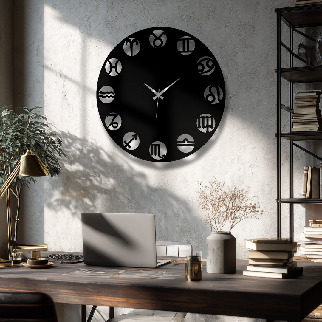 The stark color contrast highlights the dark metal art for wall, a modern zodiac symbol clock against the bright textured wall.