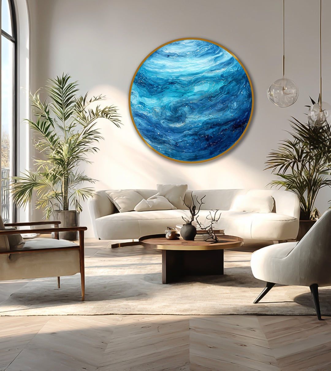Calming celestial ocean drifts with a gentle, soft glow as an oil painting reproduction print, showcasing round abstract artwork with swirls of blues and whites.