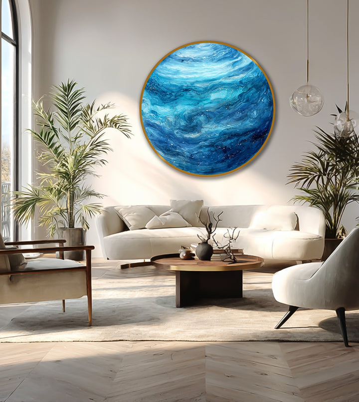 Calming celestial ocean drifts with a gentle, soft glow as an oil painting reproduction print, showcasing round abstract artwork with swirls of blues and whites.