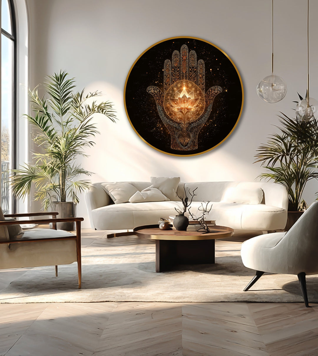 Finely textured surface texture reveals the golden Hamsa lotus details of this glowing, round oil painting art piece, creating a luminous and sacred visual effect.