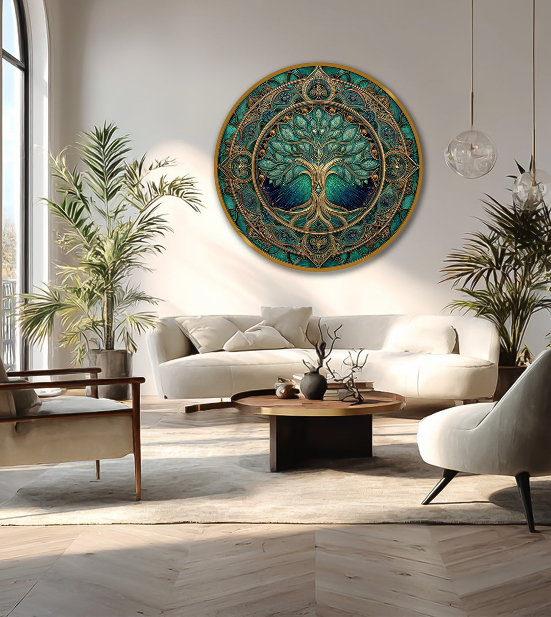 Foreground view of the emerald tree of life modern oil painting art shows off the wooden texture and ornate gold details.