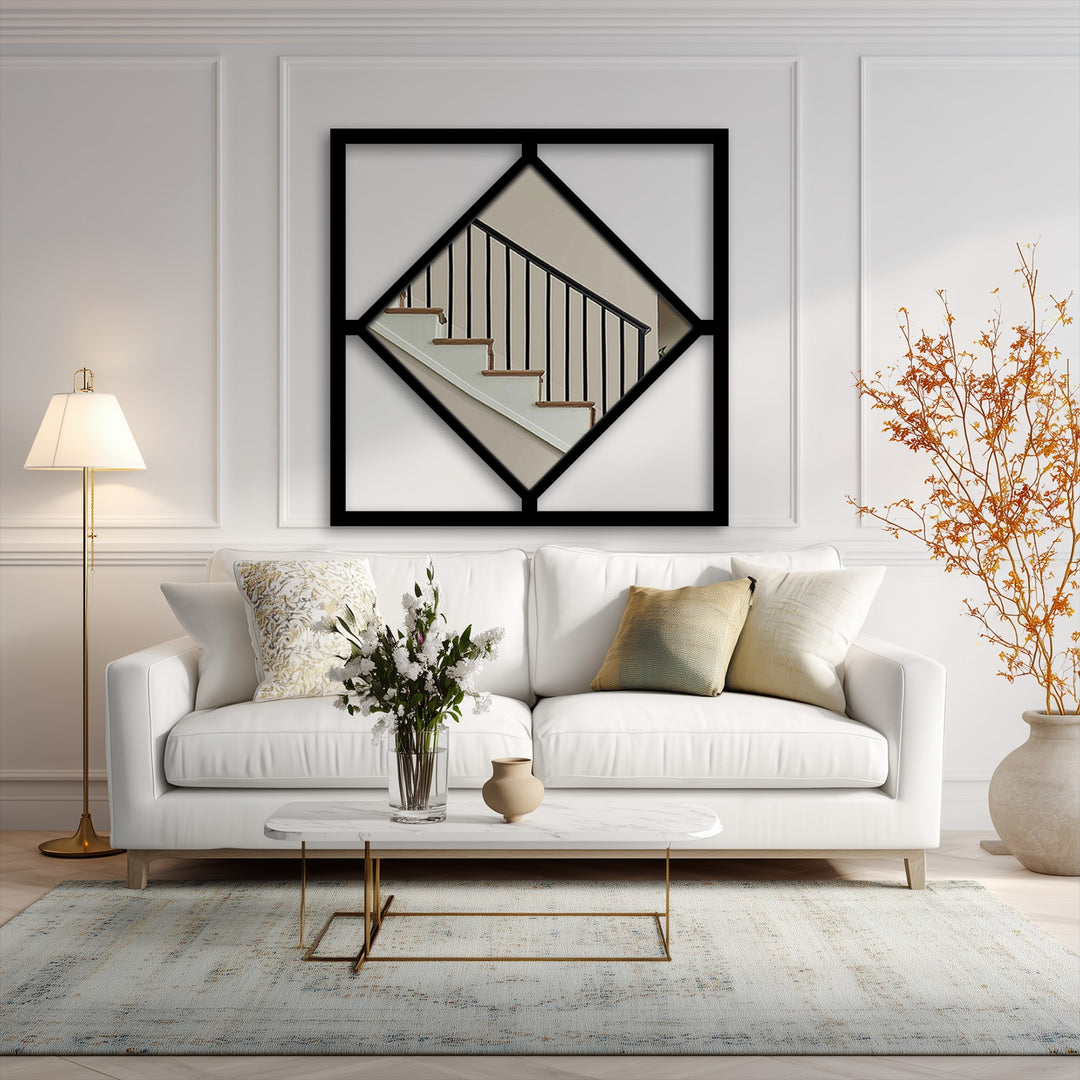 Featuring sleek edges and borders, this modern geometric metal wall mirror showcases a striking diamond frame within a square, making it unique metal artwork.