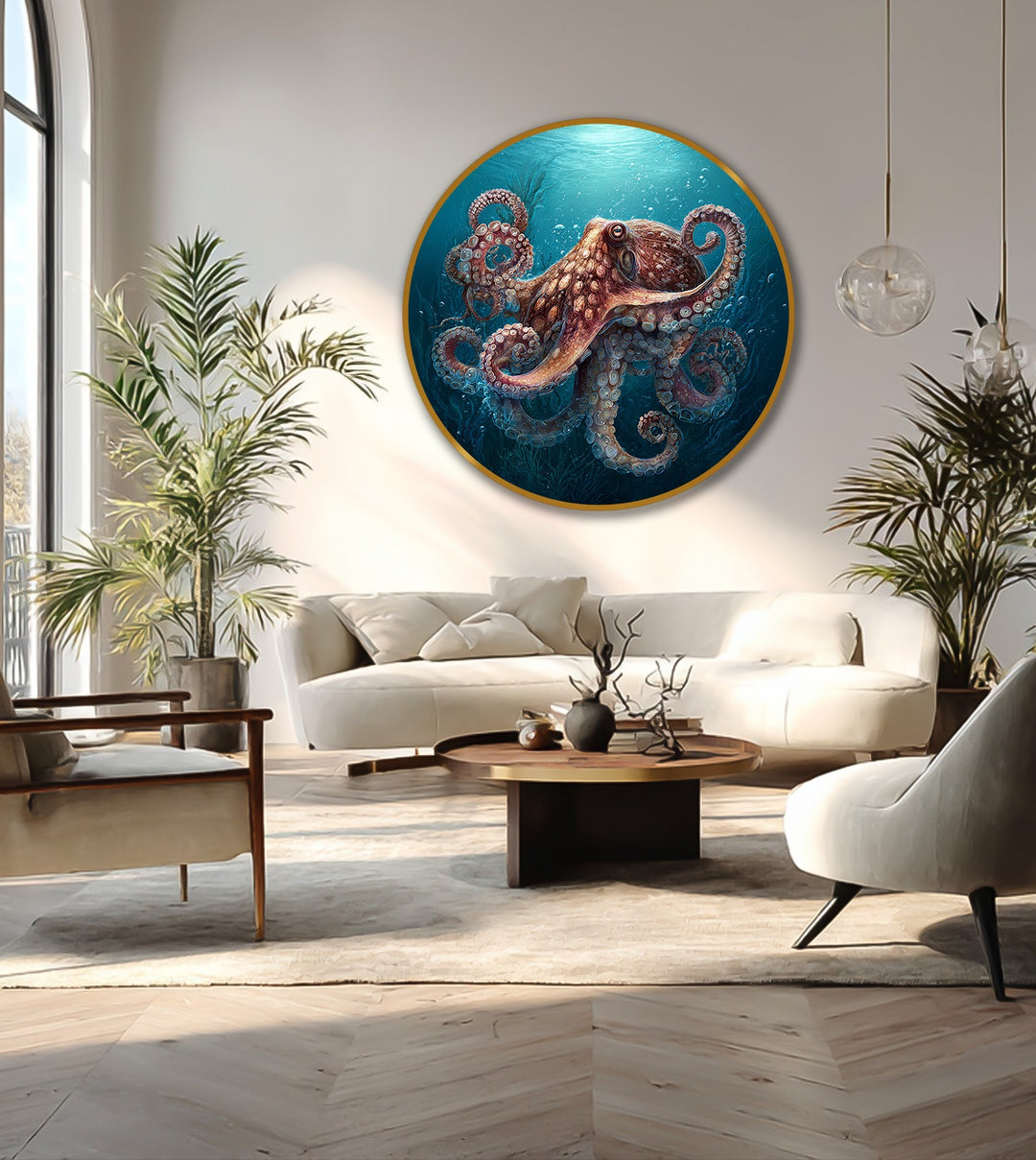 The stillness of the deep ocean guardian octopus round oil painting home decor creates a serene marine art piece.