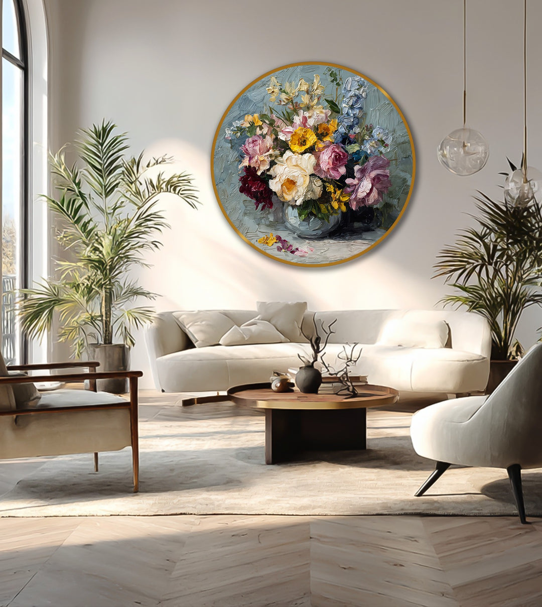 Round oil painting artwork of a radiant garden bouquet presents an eye-catching, horizontally oriented floral design.