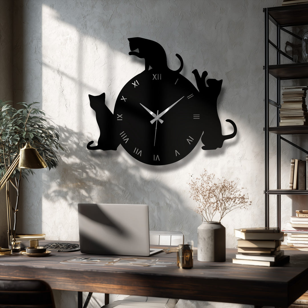 The stillness of this playful cat silhouette clock offers a moment to reflect with its unique metal wall art design and calming numeral display.