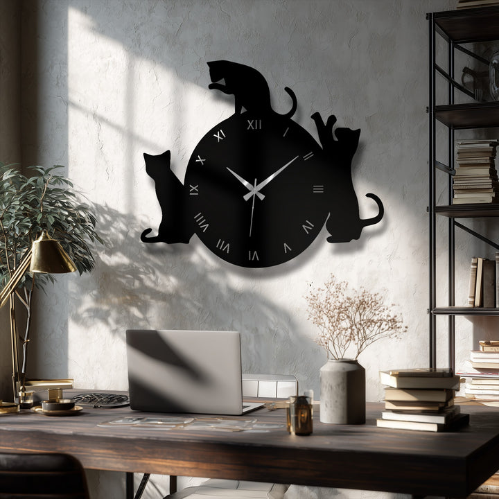 The stillness of this playful cat silhouette clock offers a moment to reflect with its unique metal wall art design and calming numeral display.