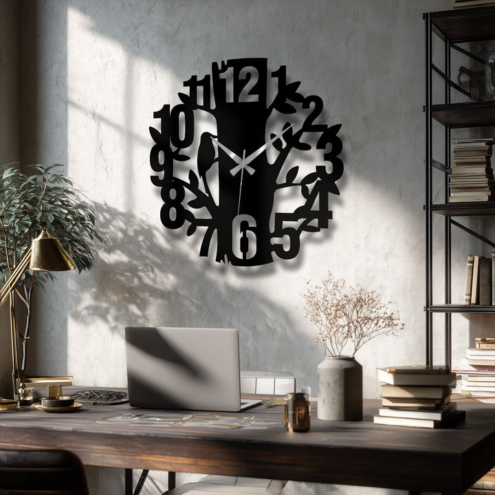 Visual rhythm flows from the bold numerals circling the nature tree design of this metal decoration wall art clock, creating a captivating focal point.