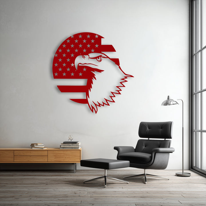 Featuring a captivating layered design, this Patriotic Eagle Emblem metal wall decor showcases an American flag forming the bold eagle's outline.