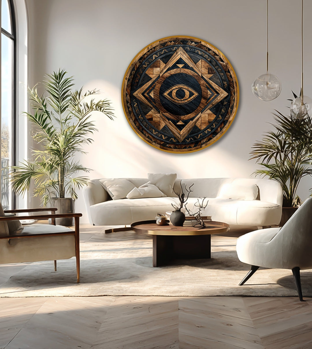 Evoking nature's patterns, the organic forms of this geometric round oil painting art create a striking tribal eye emblem as a modern art piece.