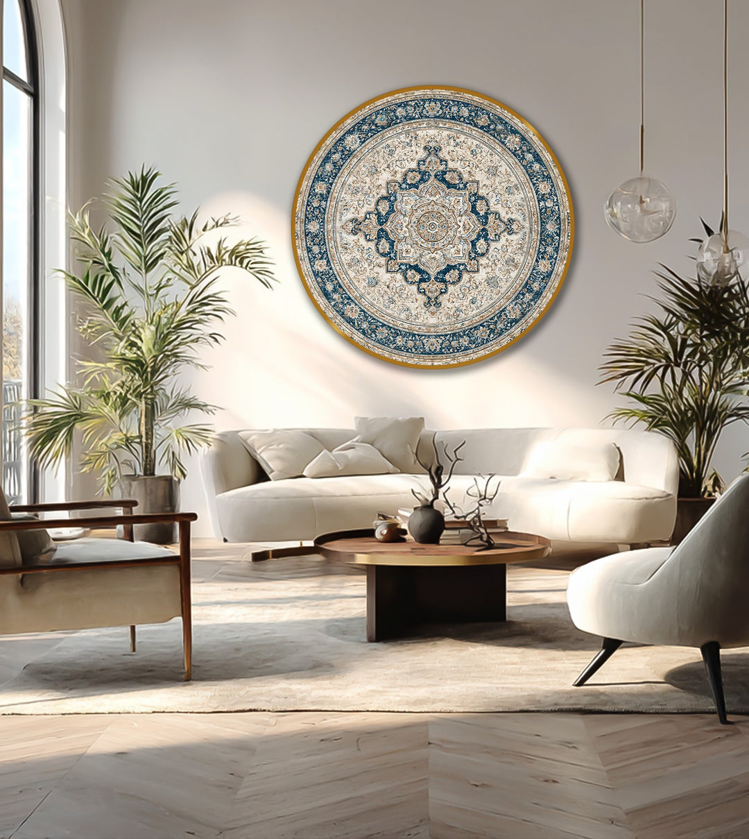 The stillness of the scene highlights the intricate details of the round, vintage Persian mandala oil painting art piece, a focal point radiating calm elegance.