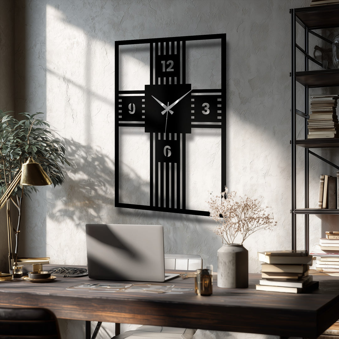 Geometric cross clock displays its unique metal wall art design with prominent numerals, bold lines, and sleek, dark finish against a textured wall.