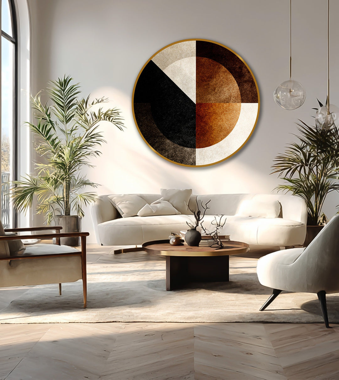 Light and shadow accentuate the textures of the geometric segments in this round oil painting artwork, highlighting the abstract circle's warm earth tones.