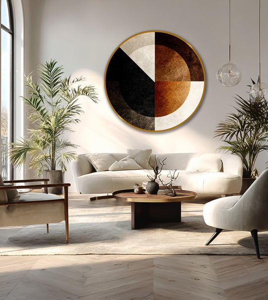 Light and shadow accentuate the textures of the geometric segments in this round oil painting artwork, highlighting the abstract circle's warm earth tones.