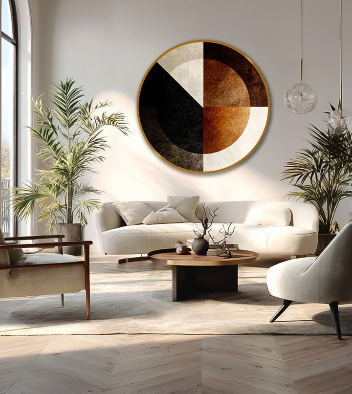 Light and shadow accentuate the textures of the geometric segments in this round oil painting artwork, highlighting the abstract circle's warm earth tones.