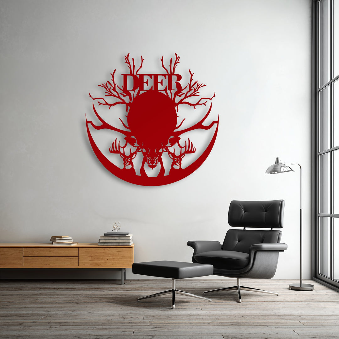 The darkest area, a sleek black leather armchair and ottoman, provides a sophisticated contrast to the rustic deer metal artwork.
