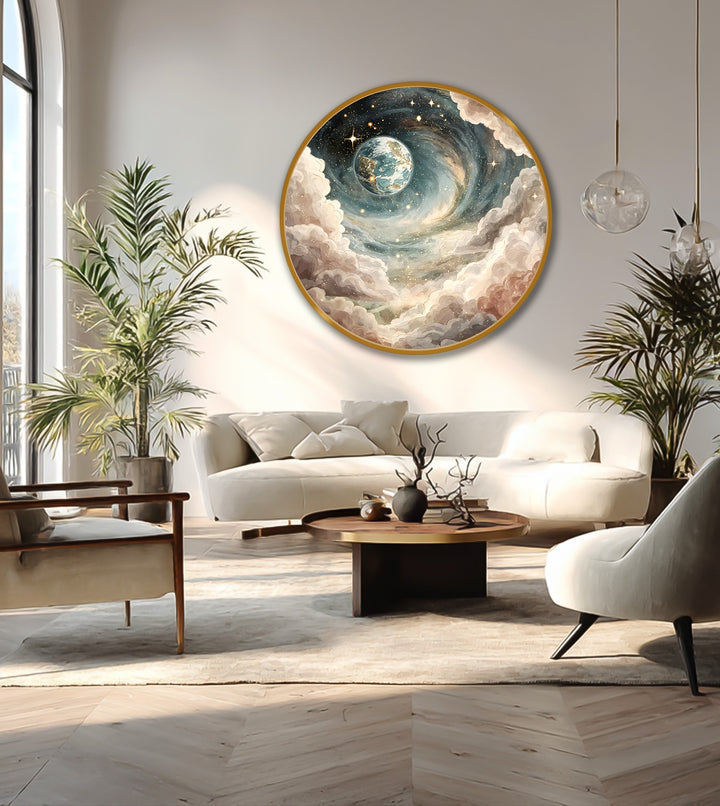 Light and shadow interplay dramatically across the celestial spiral dream oil painting, highlighting the depth and dimension of this modern oil painting art depicting cosmic earth and swirling clouds.