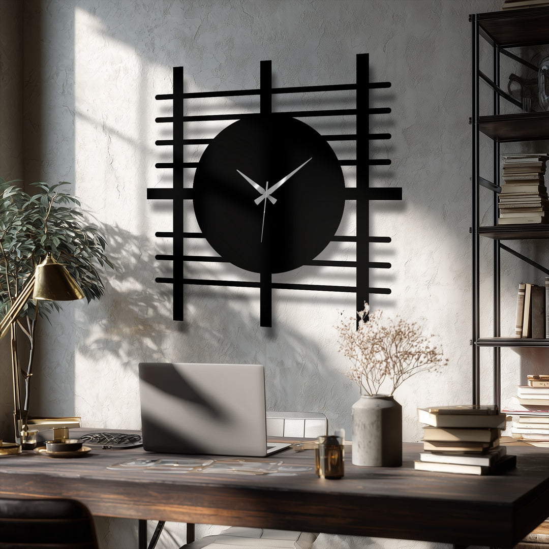 The mood is serene in this modern room featuring a minimalist decorative metal art clock with a grid panel design casting a shadow on the wall.