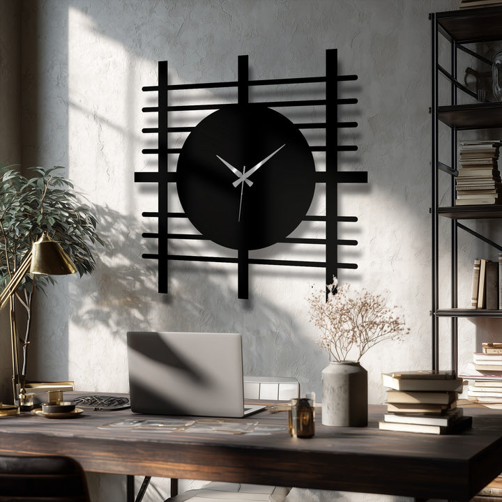 The mood is serene in this modern room featuring a minimalist decorative metal art clock with a grid panel design casting a shadow on the wall.