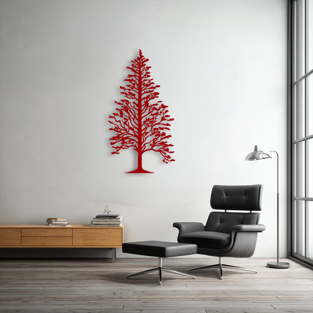 The brightest area, a pristine white wall, serves as a striking backdrop for the red pine tree metal art for wall.