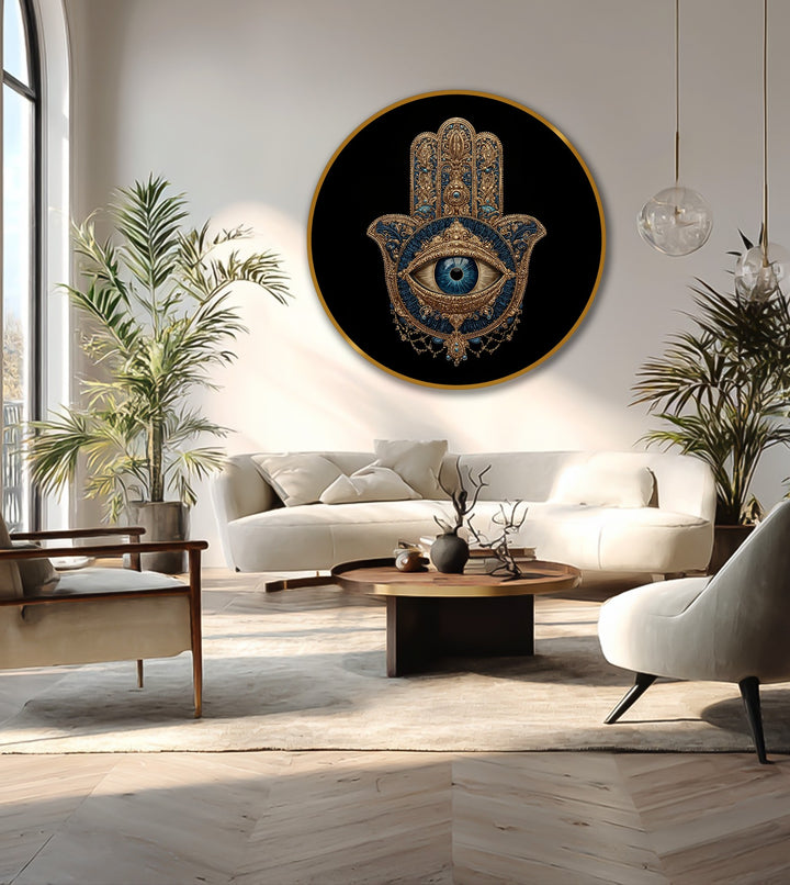 The realistic detail showcases a meticulously crafted mystic hamsa eye, an ornate protective symbol brought to life with stunning oil painting home decor techniques.