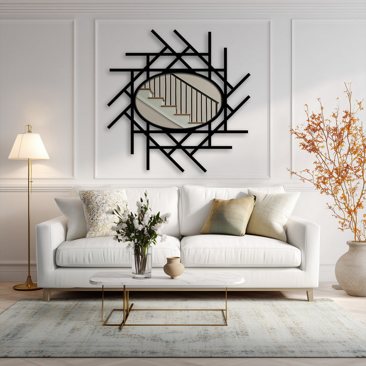 Warm color temperatures highlight the light reflection in this abstract linear grid oval decorative mirror, contrasting with the cool white walls.
