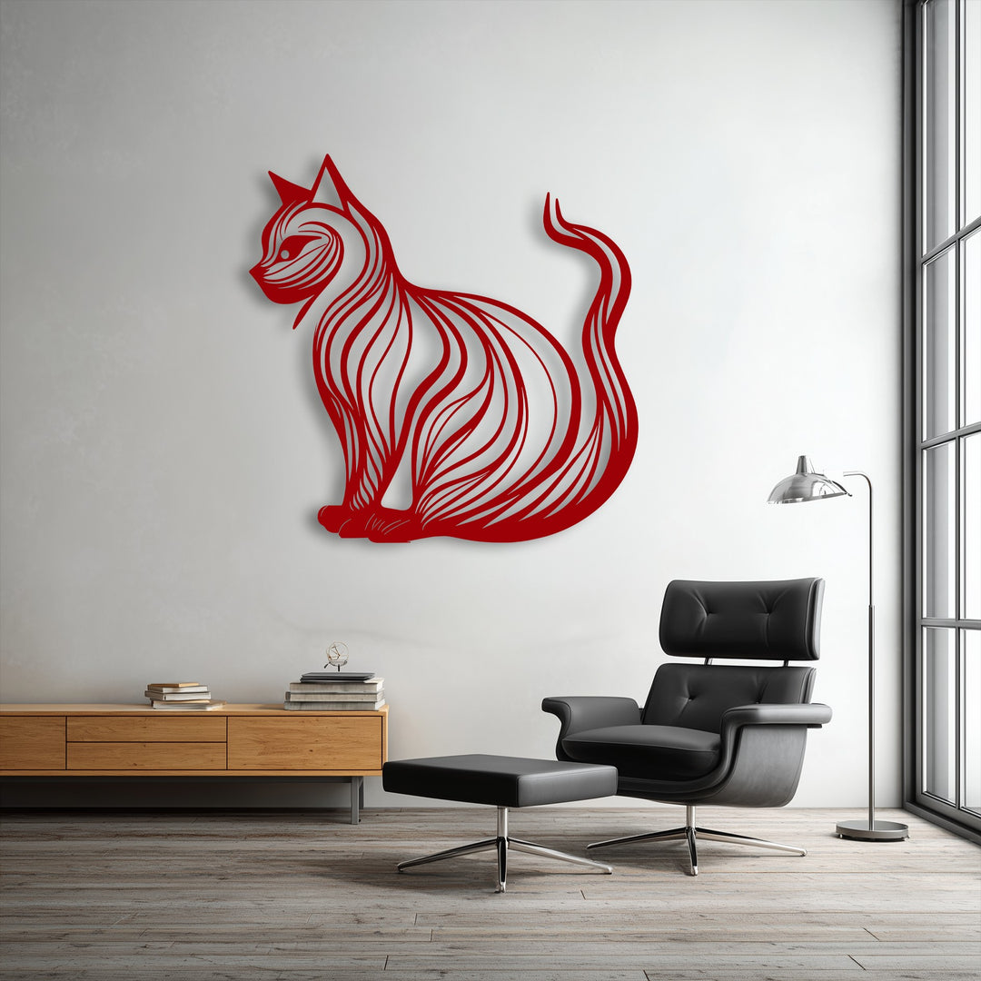 This vibrant red metal cat silhouette decoration wall art creates a strong visual rhythm with its gracefully swirling lines.