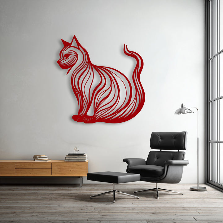 This vibrant red metal cat silhouette decoration wall art creates a strong visual rhythm with its gracefully swirling lines.