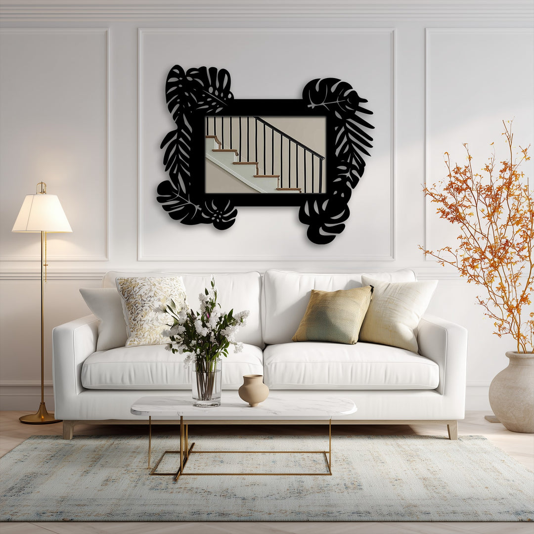 Cascading depth is achieved in this tropical leaf frame metal artwork, a layered design offering a striking, botanical stained glass wall mirror reflection.