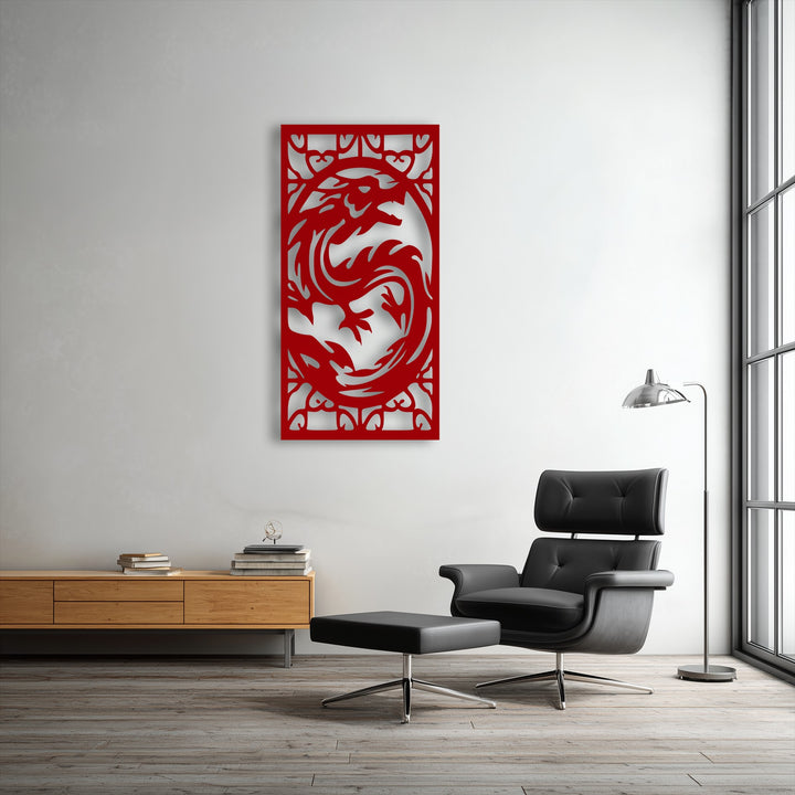 The sleek, smooth surface of the vibrant red metal decoration wall art showcases a fierce dragon mythical creature panel.