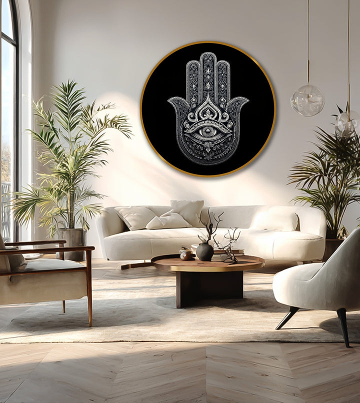 Monochrome tones highlight the round oil painting decoration showcasing a Hamsa eye, acting as a modern protective symbol for minimalist and luxury spaces.
