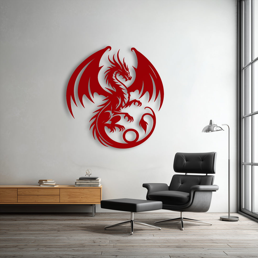 The vibrant matte red finish of the majestic dragon metal art for wall boldly stands out against the white wall.