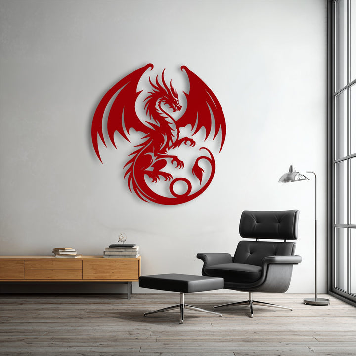 The vibrant matte red finish of the majestic dragon metal art for wall boldly stands out against the white wall.