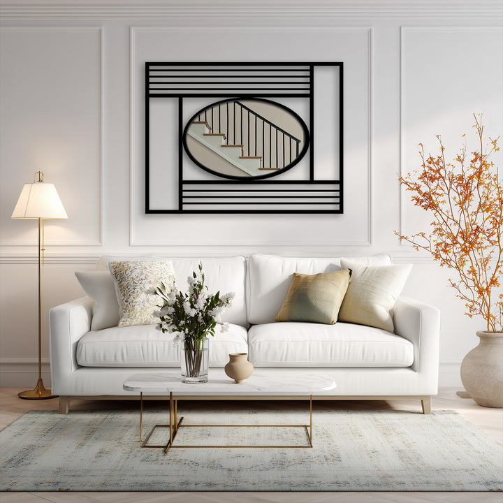 Horizontally oriented square featuring distinctive metal artwork with an oval mirror showcasing an interior staircase scene.